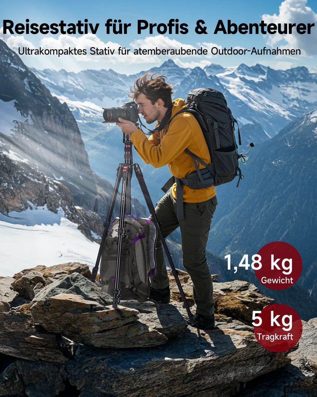 Rollei Compact Traveler No. 2 Stativ Schwarz, 180cm Stativ Kamera 360° Kugelkopf Kompaktes Aluminum