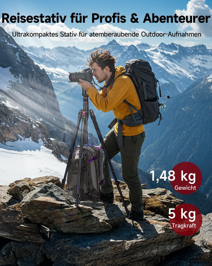 Rollei Compact Traveler No. 2 Stativ Schwarz, 180cm Stativ Kamera 360° Kugelkopf Kompaktes Aluminum