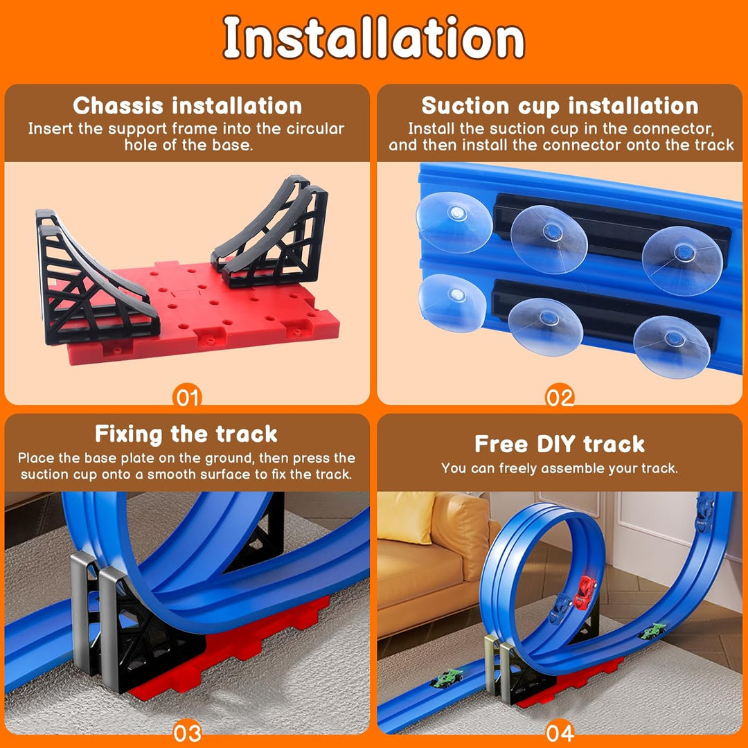 4M Flexible Autorennbahn Kinder,Dual Rennstrecke Rampen inkl 4 Spielzeugauto,Soft Rennbahn Spielzeug