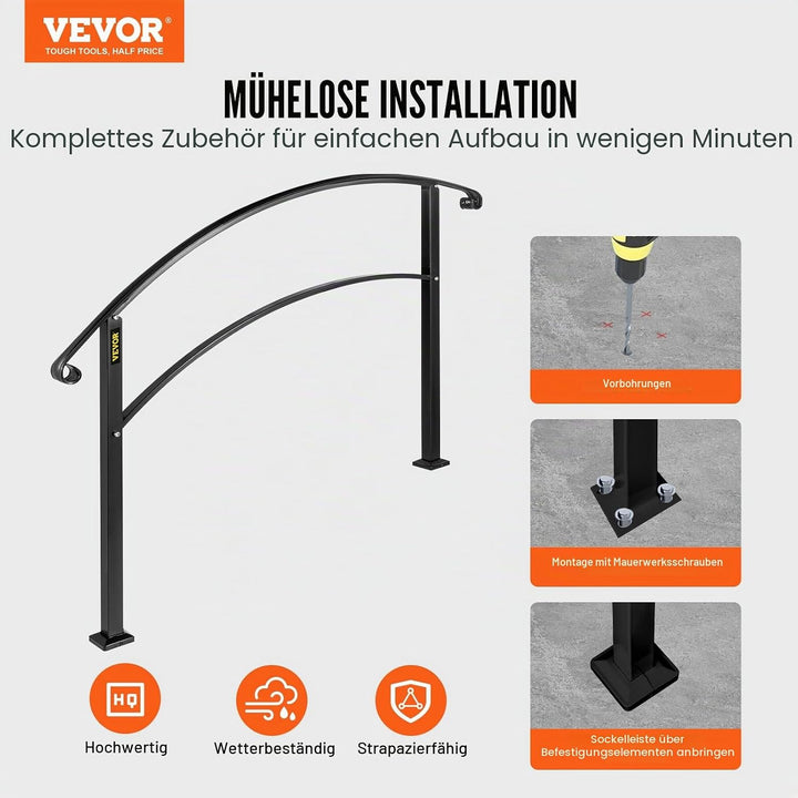 Happybuy Handläufe für Outdoor-Stufen, Fit 1 oder 3 Stufen Outdoor Treppengeländer, Schwarz Schmiede