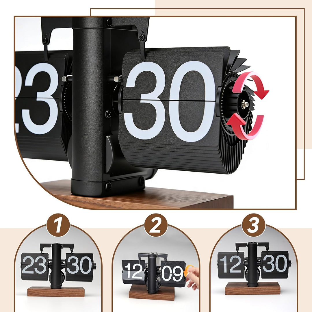 Tischuhr Vintage Retro Flip Uhr, Schwarz Retro-Flip-Down-Uhr Mit GrossEn Ziffern &amp; Holzunterlage, 24