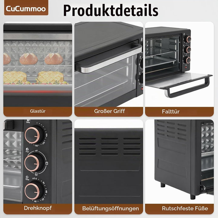 22 L Minibackofen, Mini Backofen mit Grillrost, Backblech vielseitiger Ofen mit einstellbarer Temper