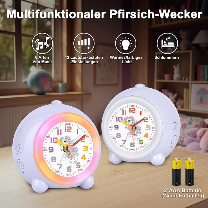 SOCICO Analoger Kinder Wecker Mädchen, Einhorn Design, Lautlos, Ohne Ticken Niedlicher Pfirsich Weck