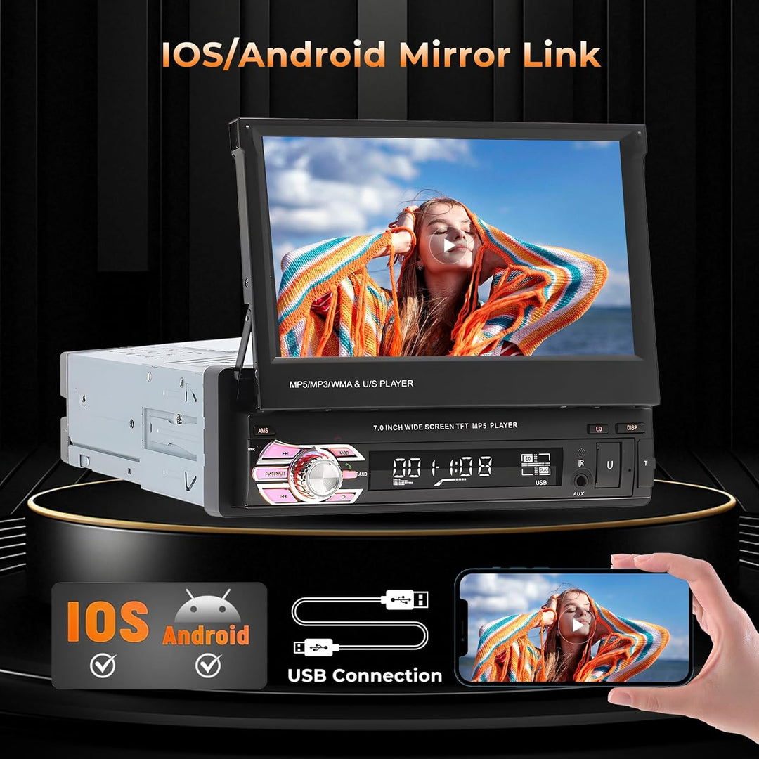 Hikity Autoradio 1 Din mit 7 Zoll HD Einziehbarer Bildschirm Auto Stereo Radio Bluetooth Freispreche
