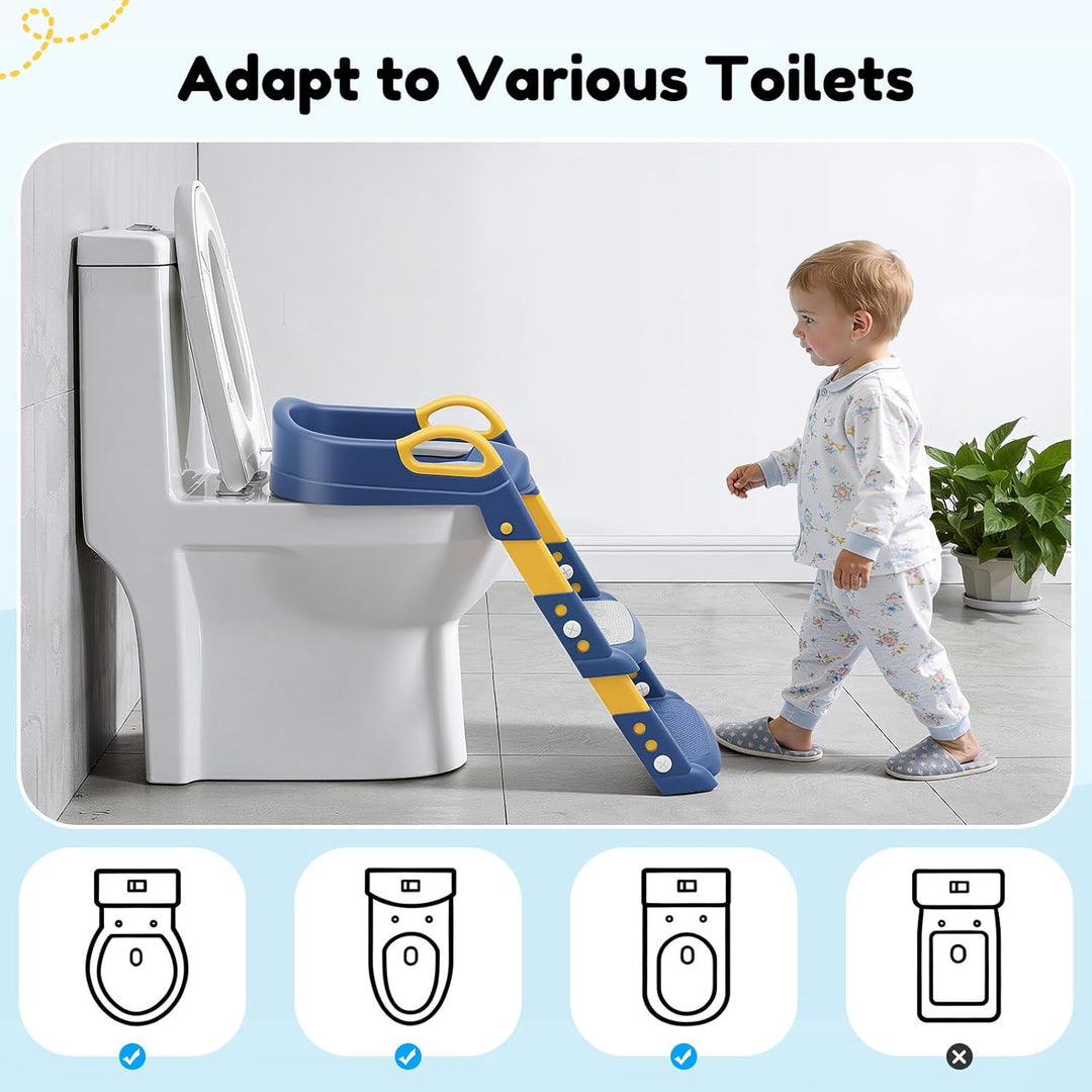 Kinder Toilettensitz mit Treppe abnehmbares PU-Kissen, höhenverstellbar 2–7 Jahre, klappbarer WC Sit