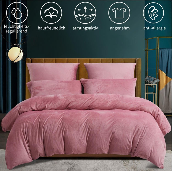 Boqingzhu Plüsch Bettwäsche 135x200cm 4Teilig Biber Rosa Altrosa Flanell Winter Warm Kuschelig Flaus