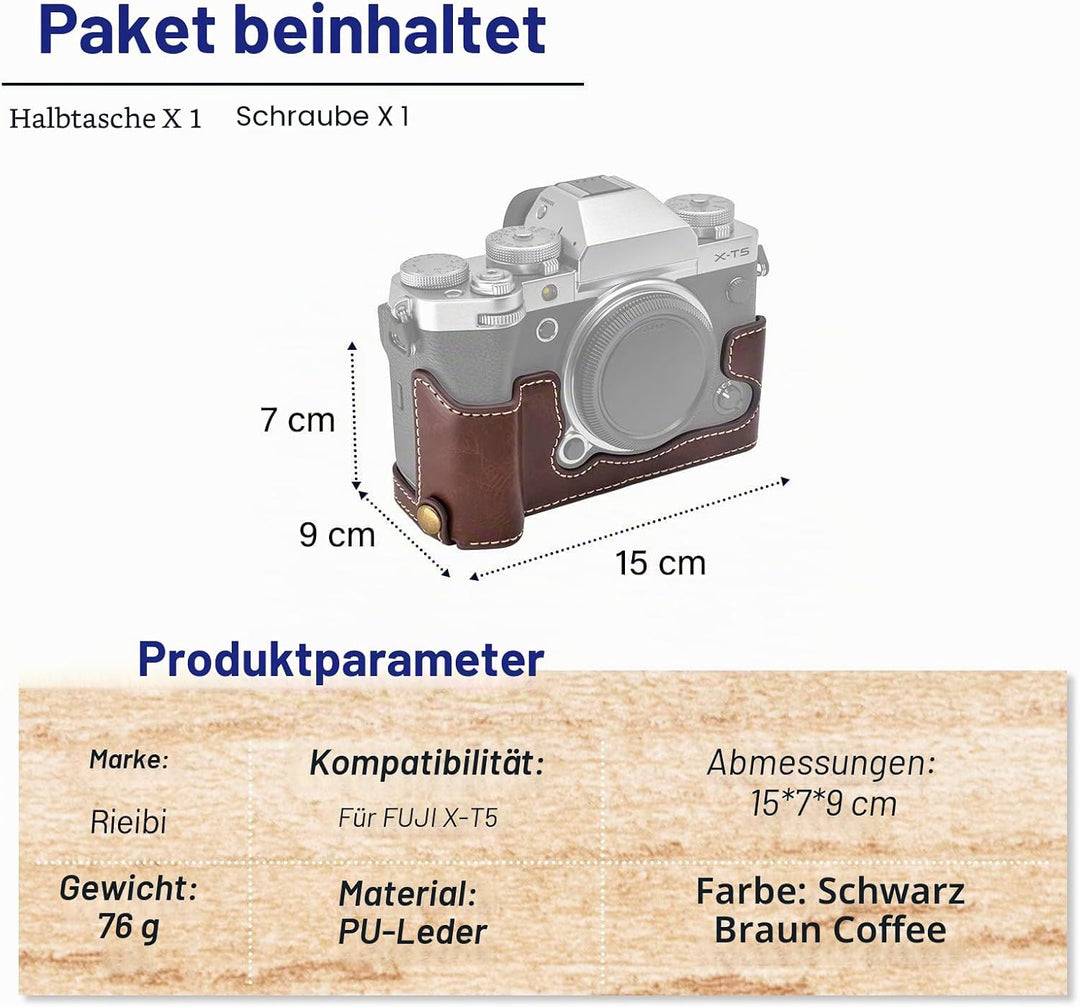 Rieibi Fuji XT5 Schutzhülle – hochwertige PU-Leder-Halbtasche für Fujifilm X-T5 Digitalkamera – Körp