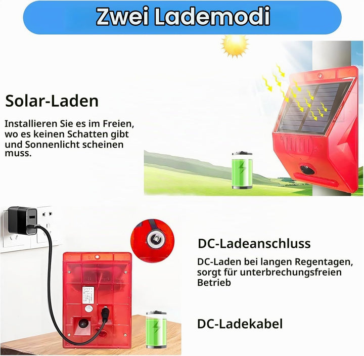 Solar Alarmanlage Blitz Hell mit Fernbedienung Bewegungsmelder Draussen Alarm Hell 129db Ton Sicherh