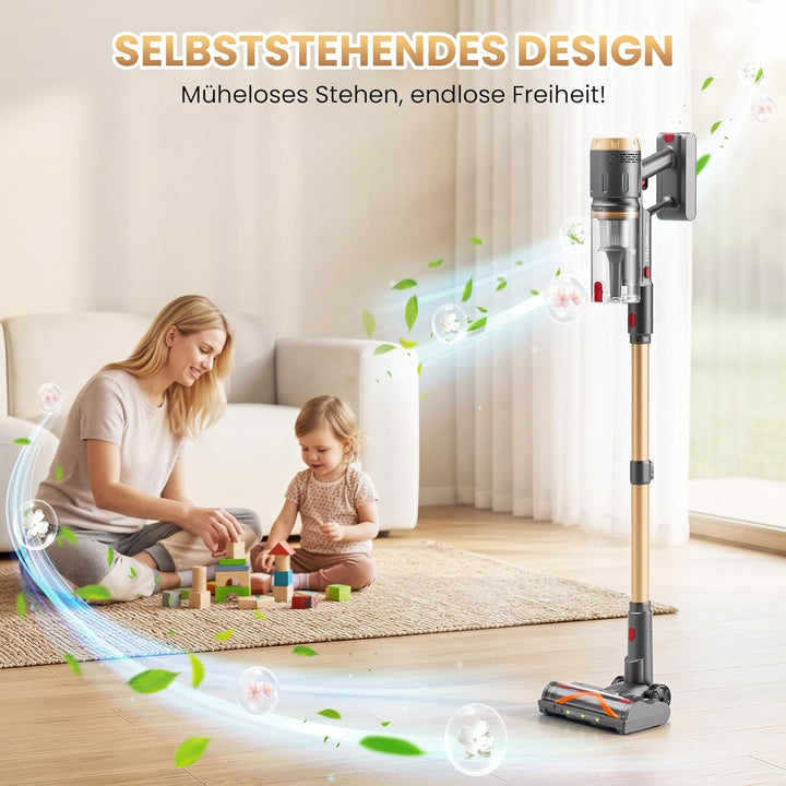 Akku Staubsauger, 600W/58kPa/150Min, Staubsauger Kabellos mit Mini Turbo Milbenbürste und Ladestatio