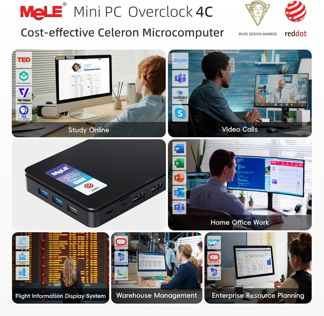 MeLE Mini-PC Overclock4C, Reddot-Gewinner 2024, Win 11 Pro N100 16GB 512GB, 4K-HDMI-Anzeige, USB-C P