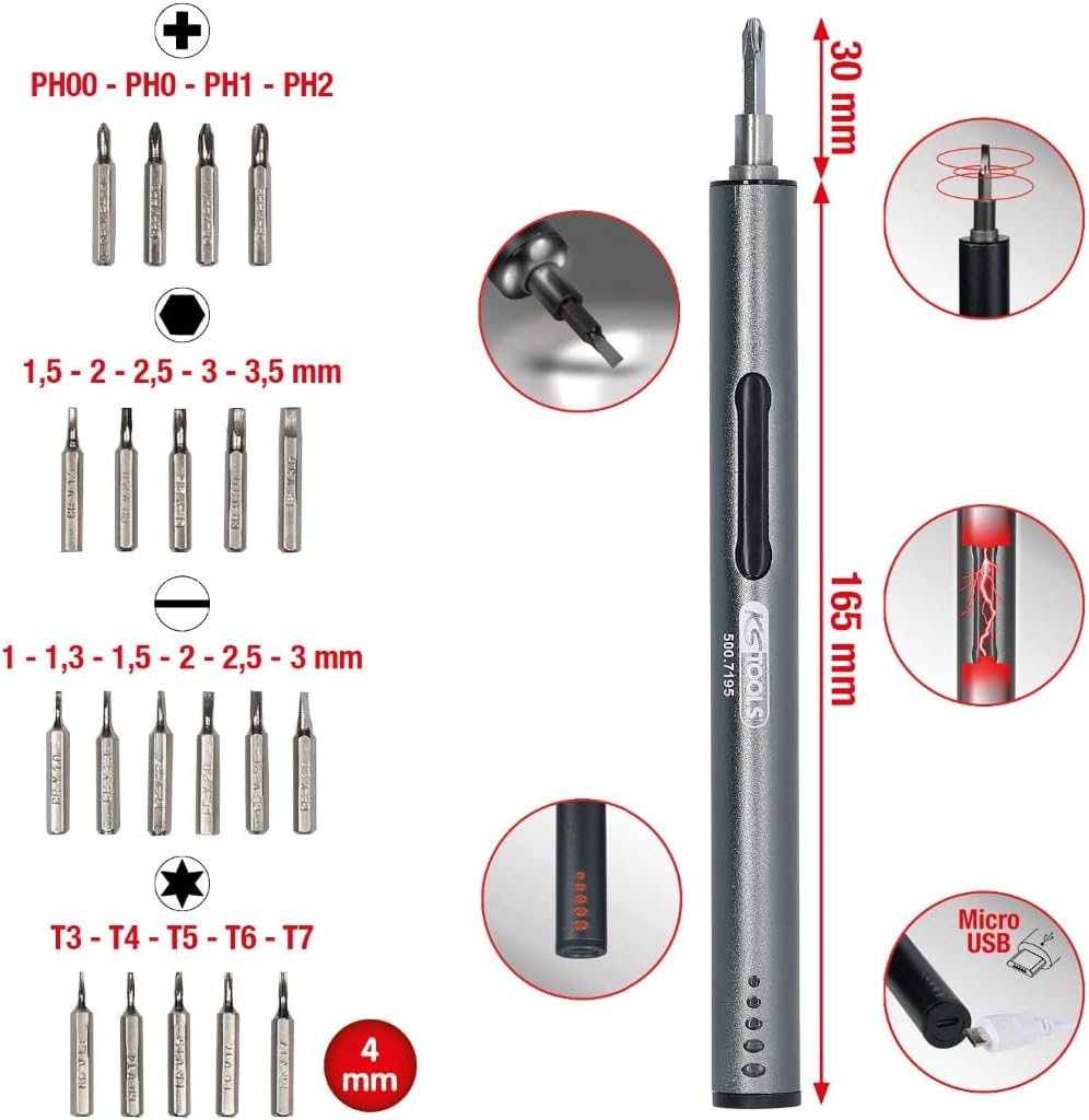 KS Tools 500.7195 Feinmechanik-USB-Akku-Schraubendreher (Li-Ionen-Akku, 3,7 V / 260 mAh), inkl. 20 B