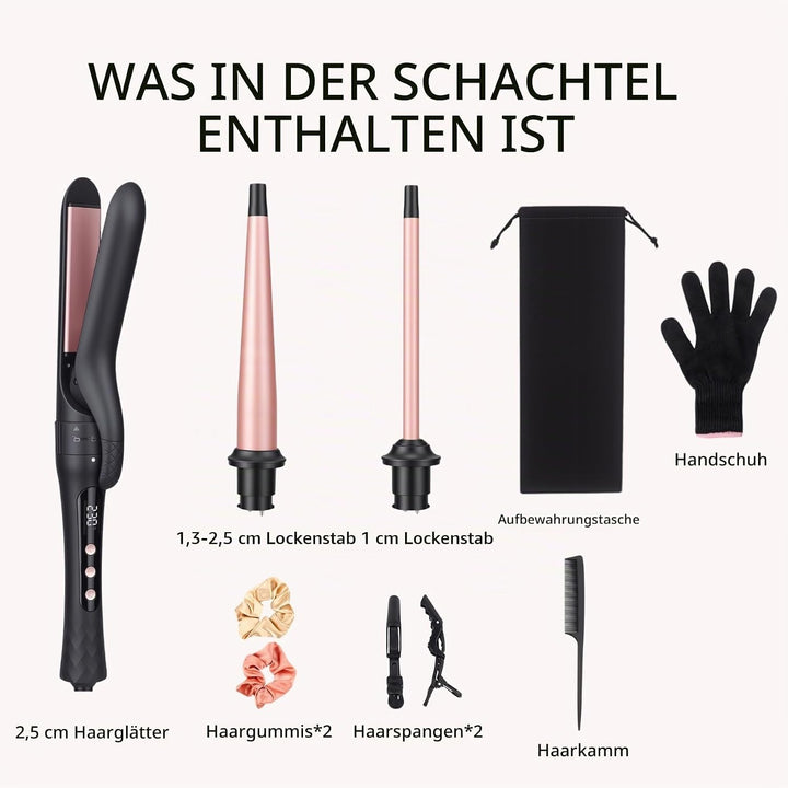 3-in-1 Lockenstab Set mit Glätteisen, Austauschbare Keramik-Turmalin Aufsätze für Grosse &amp; Kleine Lo