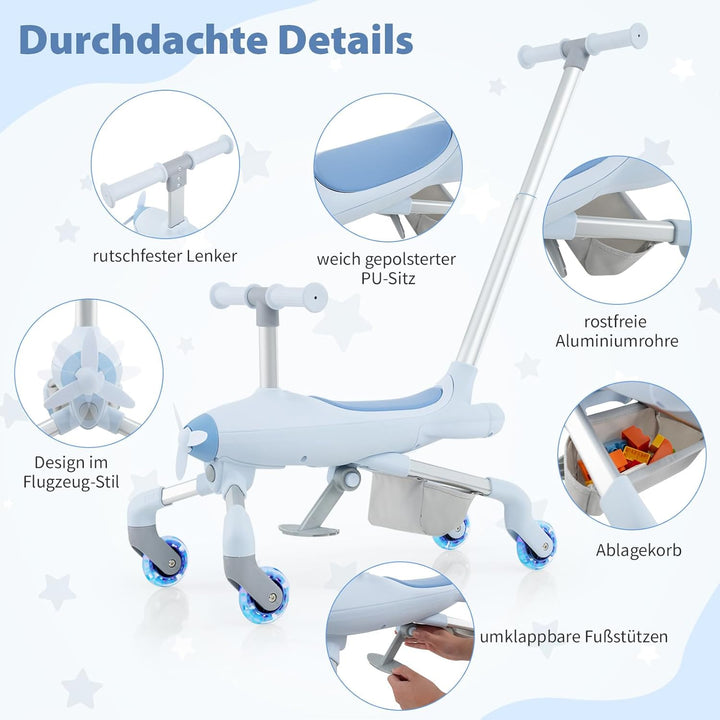 GOPLUS 2 in 1 Schiebeauto & Rutschauto, Dreirad mit verstellbarem Schiebegriff, LED Rädern & Korb hi