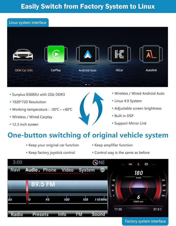 Autoradio 12,3 Zoll Touchscreen mit kabellosem Carplay und Android Auto für 2012–2015 Mercedes Benz