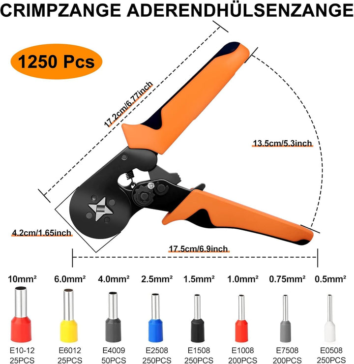Crimpzange Aderendhülsen Set mit 1250 Aderendhülsenzange Selbsteinstellende 0,25-10mm² Krimpzange Cr