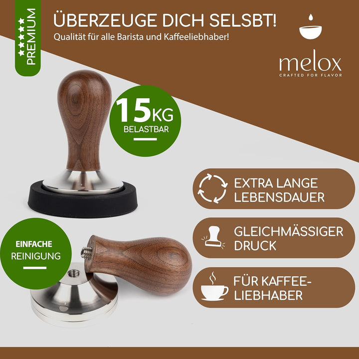 MELOX® - Premium Barista Tamper 58mm aus Edelstahl & Walnussholz (Klassisch) - Kaffee-Stampfer & Kaf