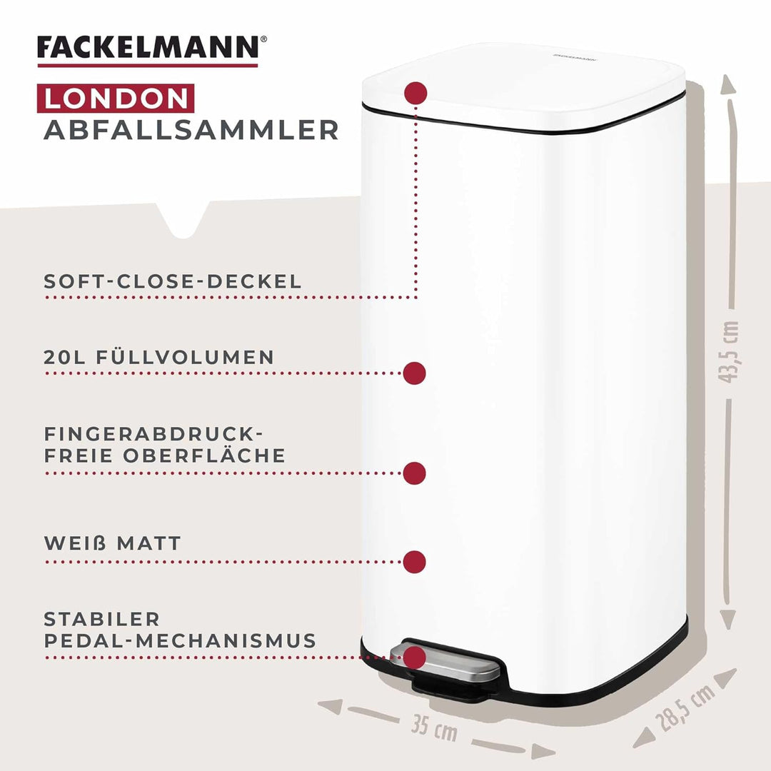 Fackelmann LONDON Pedal-Abfallsammler 20L – Stilvolles Design in Weiss matt, Mit gedämpftem Deckel u