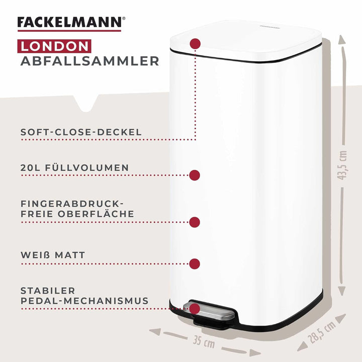 Fackelmann LONDON Pedal-Abfallsammler 20L – Stilvolles Design in Weiss matt, Mit gedämpftem Deckel u
