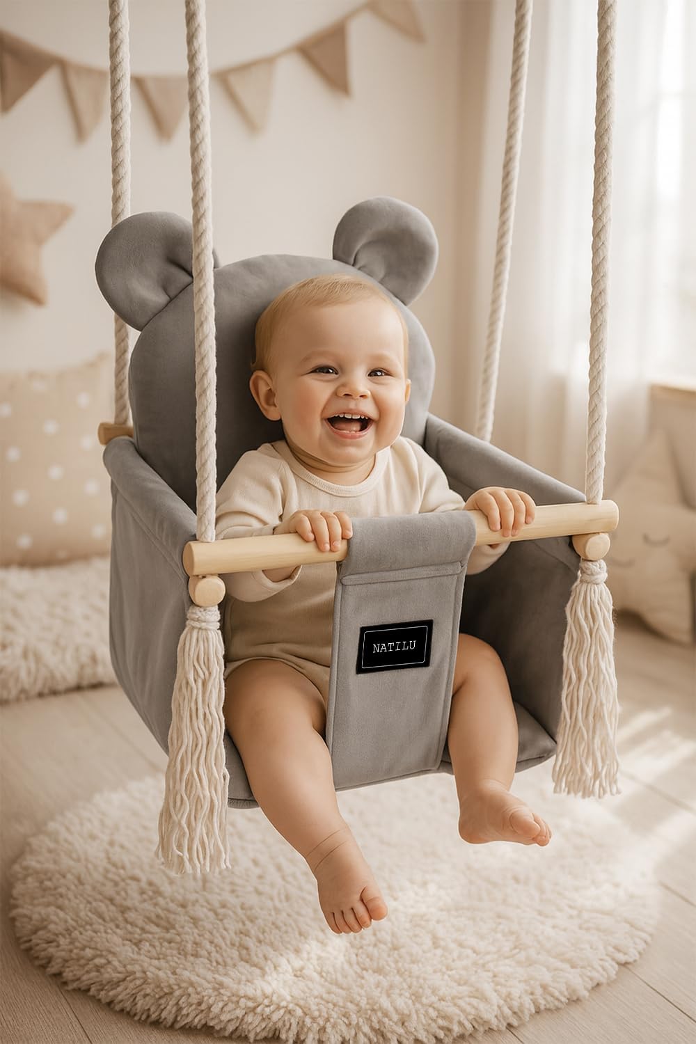 NATILU® Babyschaukel Set mit Sicherheitsgurt Haken Ringe Bär Grey Velvet | Schaukel Baby Indoor Outd