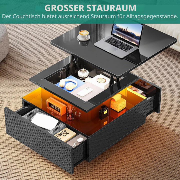 YITAHOME Couchtisch Höhenverstellbar mit LED Beleuchtung Modern, 60x60x45cm, Wohnzimmertisch Hochgla