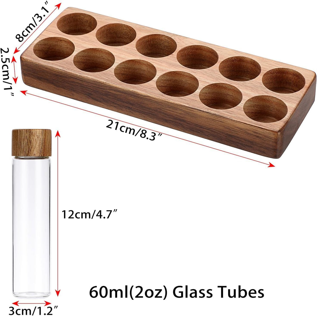12 Stück Single Dose Kaffeebohnen Aufbewahrung mit Holz Halter, Aufbewahrung Röhrchen Set für Espres