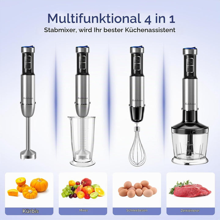 1500W Stabmixer, 4-in-1 Pürierstab, 25 Geschwindigkeitsstufen &amp; Turbo-Stabmixer Set mit Schneebesen,