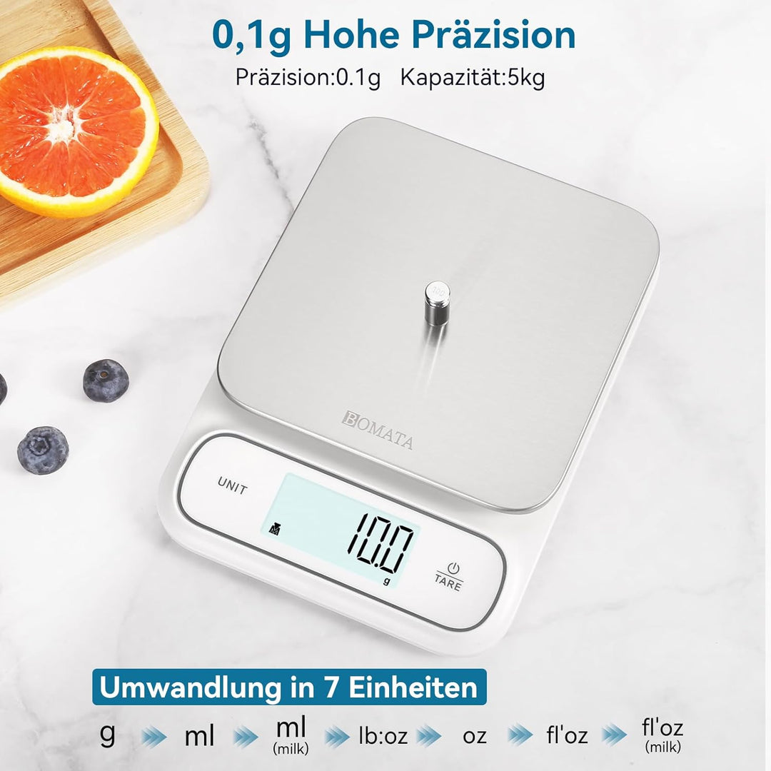 BOMATA Wasserdichte IPX6 Küchenwaage, 0,1g hohe Präzision, 5kg, digitale Waage mit Hintergrundbeleuc