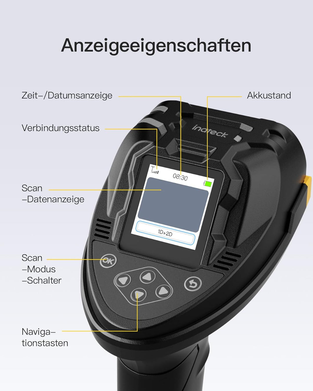 Inateck Barcode Scanner Bluetooth, 2D 1D Wireless Handheld Scanner, QR Code Scanner, mit Screen und