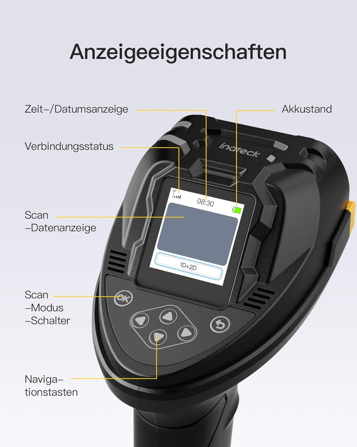 Inateck Barcode Scanner Bluetooth, 2D 1D Wireless Handheld Scanner, QR Code Scanner, mit Screen und