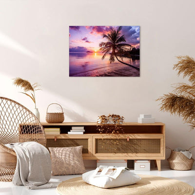 Bilder auf Leinwand Strand Meer Palme Leinwandbild mit Rahmen 70x50cm Wandbilder Dekoration Wohnzimm