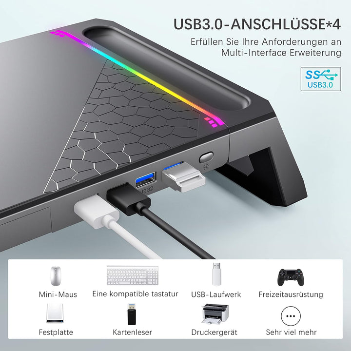 MOOJAY Monitor Ständer für den Schreibtisch Gaming mit 4 USB 3.0 Hub und RGB Licht, Monitor Riser Fa