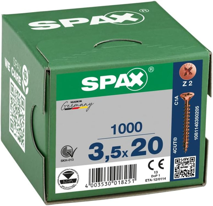 SPAX Universalschraube, 3,5 x 20 mm, 1000 Stück, Kreuzschlitz Z2, Senkkopf, Teilgewinde, 4CUT, Brüni