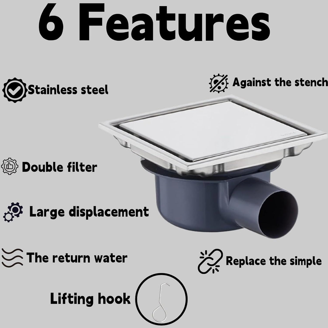 Duschrinne Quadratisch Edelstahl Bodenablauf mit 360° Siphon Geruchsstop, 2 in1 Befliesbar Ablaufrin