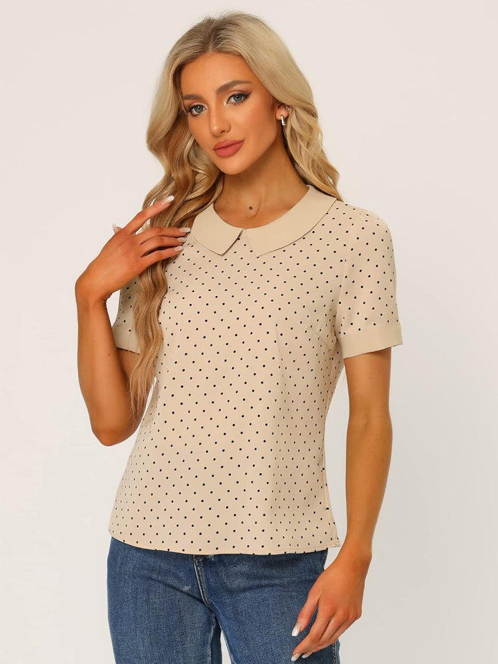 Allegra K Damen Kurzarm Bubikragen Punkte Oberteil Vintage Polka Dots Elegant Top Bluse M Dunkelbeig