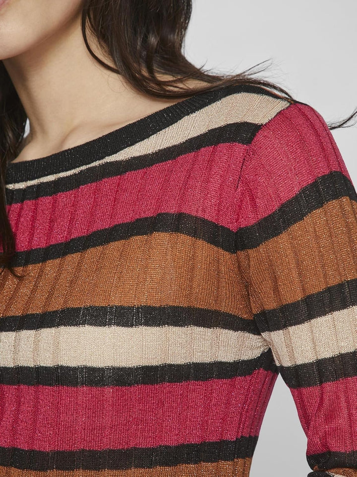 Vila Damen Viember New L/S Glitter Knit Top/Su Langarmshirt M Love Potion/Stripes:doeskin/Black/Cara