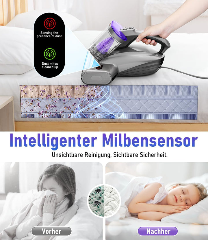 PM600 Milbensauger mit UV-Licht, 500W Matratzensauger für Allergiker zur Entfernt 99,9% der Staub-Mi