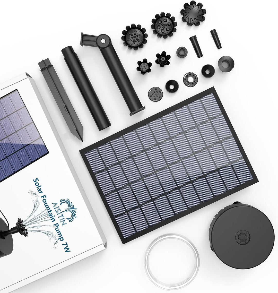 AISITIN 7W DIY Solar Springbrunnen, Upgrade Solar Teichpumpe mit 1.5m Wasserleitung und Feste Pfähle