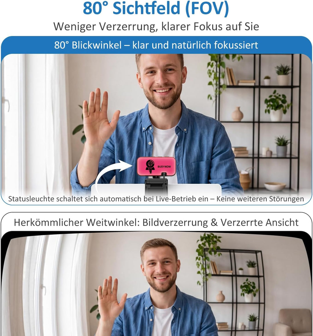 4K Webcam mit Licht & Zoom, USB Computer Kamera mit Mikrofon, Privatsphäre-Abdeckung & Anti-Stör-Lic