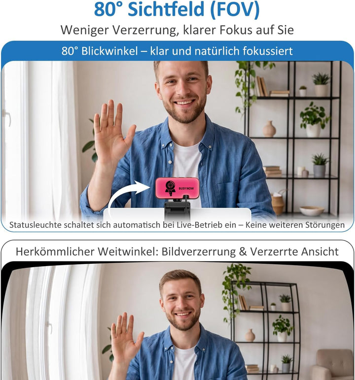 4K Webcam mit Licht & Zoom, USB Computer Kamera mit Mikrofon, Privatsphäre-Abdeckung & Anti-Stör-Lic