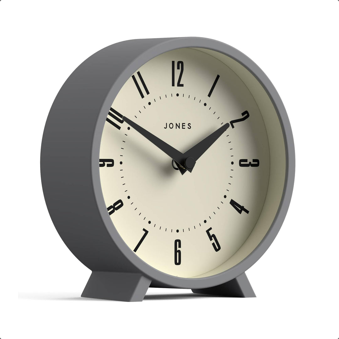 JONES CLOCKS® Venus schreibtischuhr | Modernes rundes Design | Grau | Stilvoller retrolook für Regal