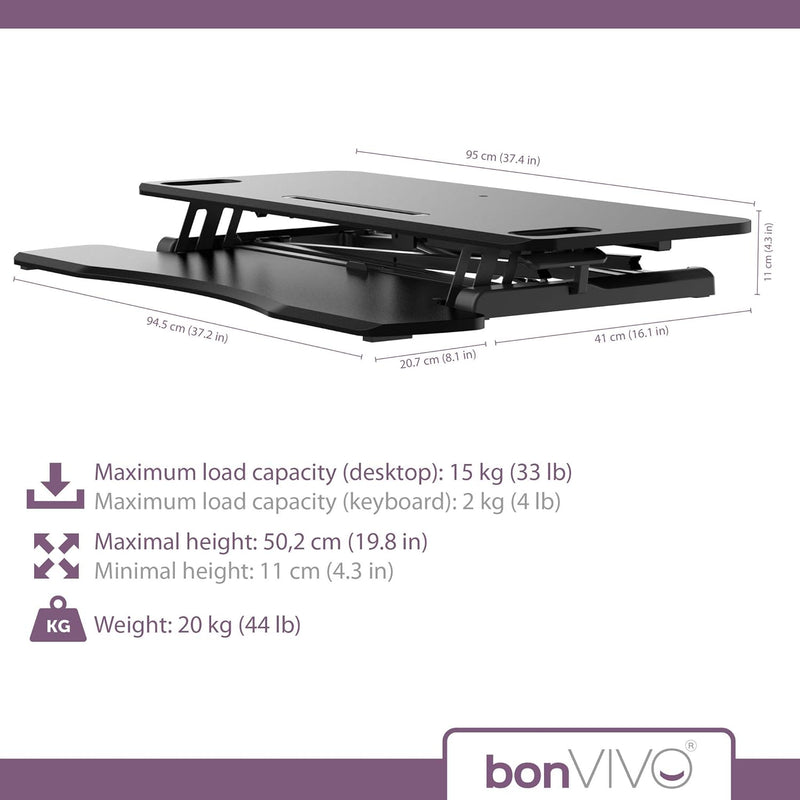 bonVIVO Höhenverstellbarer Schreibtisch-Aufsatz 95 x 40 - Sit-Stand-Erhöhung Macht Jede Workstation