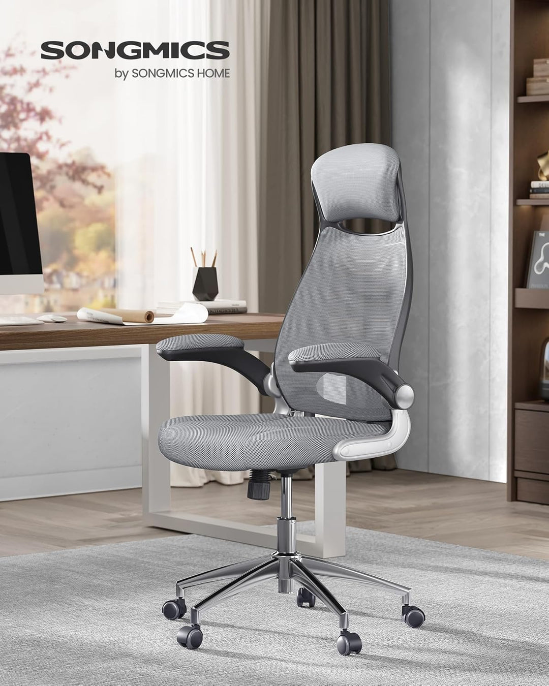 SONGMICS Bürostuhl, Drehstuhl, Chefsessel mit klappbaren Armlehnen, Kopf- und Lendenstütze, neigbar,