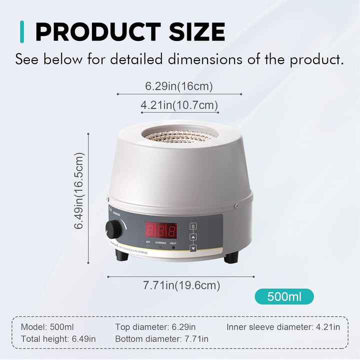LABFISH Heizmantel Labor 500ml Magnetrührer, Thermostatisches Heizgerät mit Temperaturkontrollfühler
