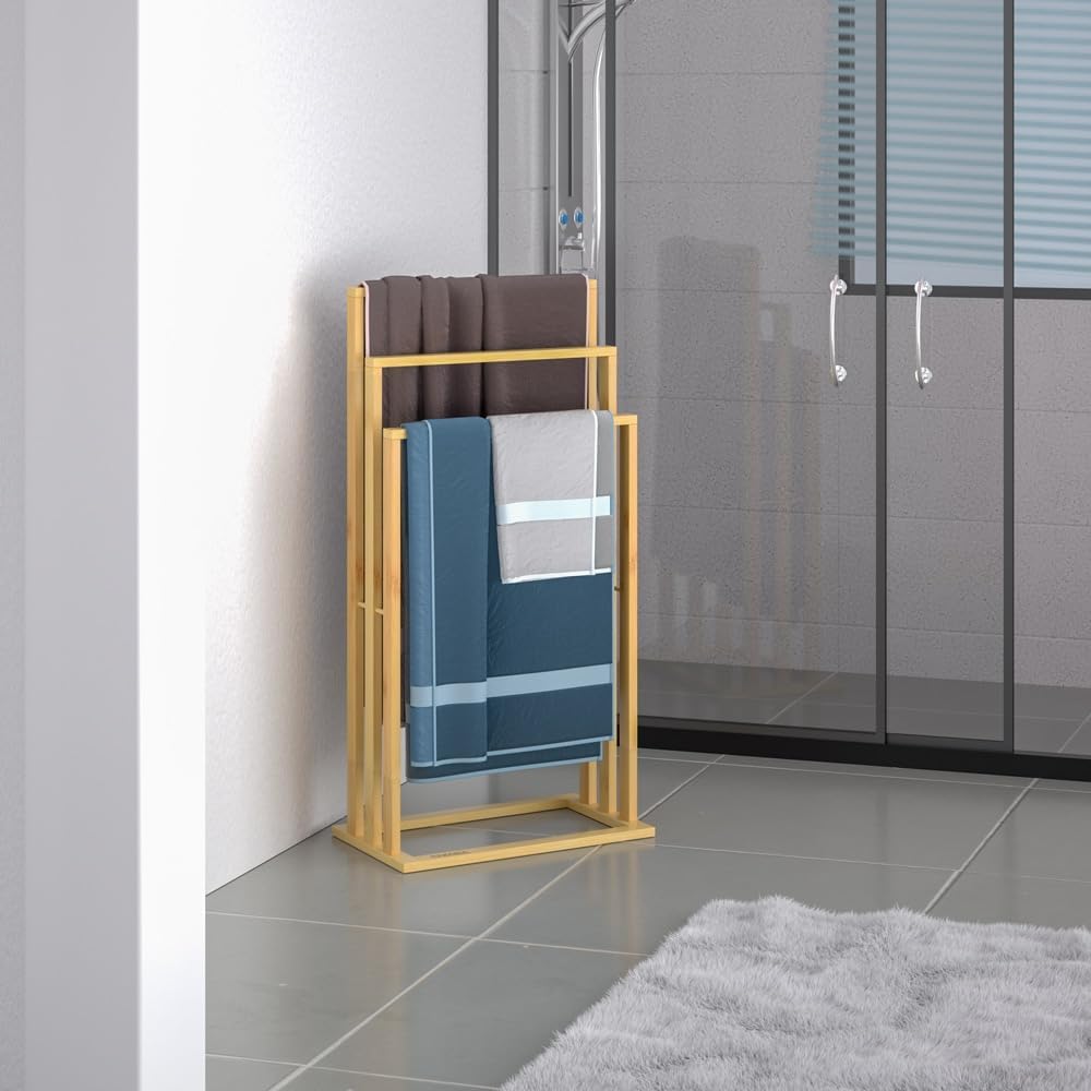 CASARIA® 2er Set Handtuchständer Freistehend Bambus Holz 3 Stangen 82 x 40 x 24 cm Ablage Handtuchha