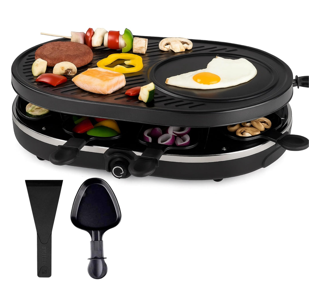 Raclette Set für 8 Personen mit Pfännchen & Schaber - Rostfrei & Regulierbar (Rund), Rund