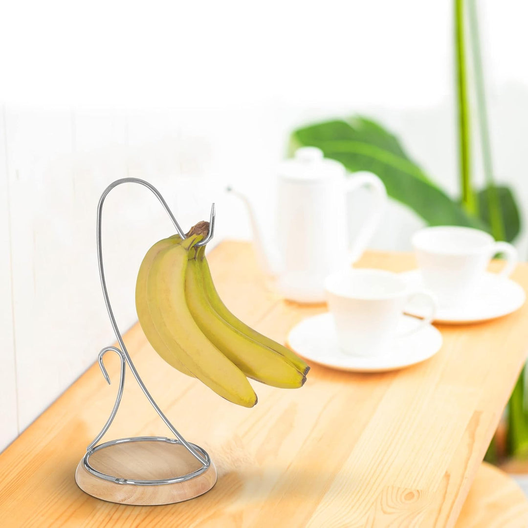 Premier Housewares Bananenhalter, Chrom mit Holzfuss, H35 x W16 x D16cm 1 Silver, 1 Silver