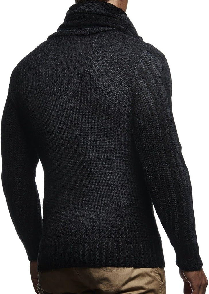 Leif Nelson Herren Strick-Pullover Schalkragen Slim Fit Winter Sommer Moderner Männer schwarzer Pull