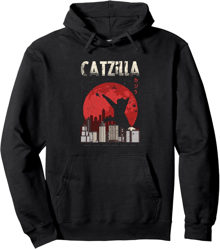 Vintage Japanese Style Monster Funny Catzilla For Cat Lovers Pullover Hoodie