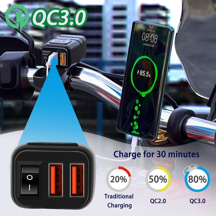 RUIZHI USB Steckdose 12V Kfz-Ladegerät, Dual-USB-Ladegerät für Motorrad QC3.0 mit wasserdichtem Volt