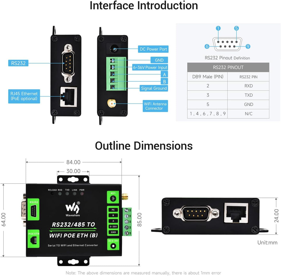 LUCKFOX RS232/485 to WiFi and Ethernet, Industrial Grade Serial Server with Metal Case, Modbus Gatew